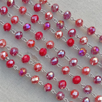 Candy Apple Red Beaded Rosary Chain 8mm Crystal Rondelle Antique Silver Plated Per Foot