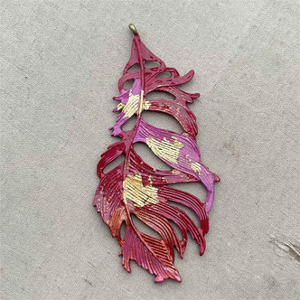 Gilded Cardinal Fancy Feather Artisan Hand Painted Pendant BIG 85x40mm Per Pc