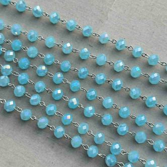 Robin's Egg Blue Beaded Rosary Chain 8mm Crystal Rondelle Antique Silver Plated Per Foot