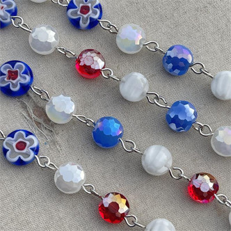 Summer Picnic Millefiori Beaded Rosary Chain 8mm Crystal Glass Antique Silver Plated Per Foot