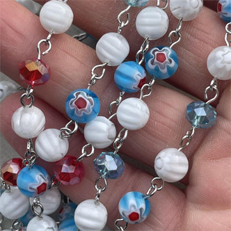 Aloha Millefiori Beaded Rosary Chain 8mm Crystal Glass Antique Silver Plated Per Foot