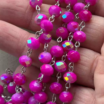 Pink Party Time Beaded Rosary Chain 8mm Crystal Antique Silver Plated Per Foot