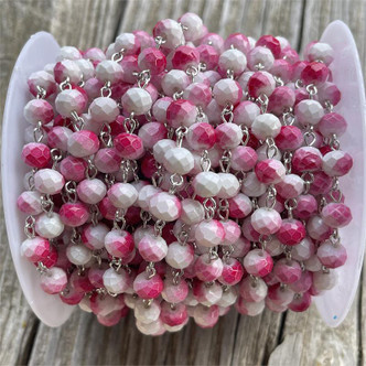 Pink Hibiscus Pink Beaded Rosary Chain 8mm Crystal Antique Silver Plated Per Foot