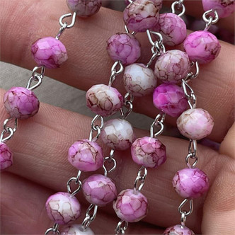 Pink Patina Beaded Rosary Chain 8mm Crystal Rondelle Antique Silver Plated Per Ft