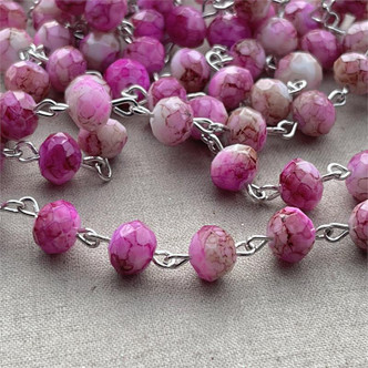 Pink Patina Beaded Rosary Chain 8mm Crystal Rondelle Antique Silver Plated Per Ft