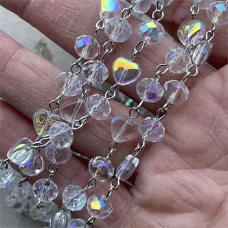 Sweetheart Heart Beaded Rosary Chain 8mm Crystal Rondelle Antique Silver Plated Per Foot