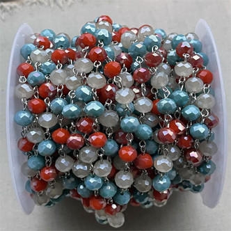 La Boheme Beaded Rosary Chain 8mm Crystal Rondelle Antique Silver Plated Per Foot