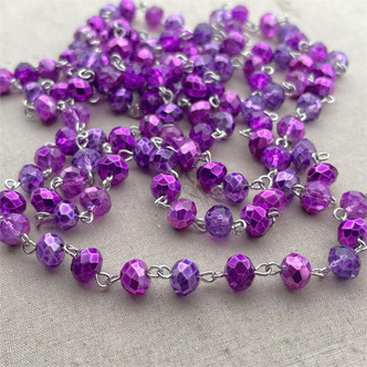 Electric Magenta Beaded Rosary Chain 8mm Crystal Antique Silver Plated Per Foot