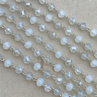 Opalite Beaded Rosary Chain 8mm Crystal Antique Silver Plated Per Foot