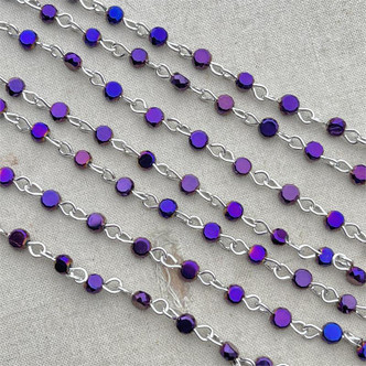 Metallic Burgundy Tiny Coin Beaded Rosary Chain 4mm Crystal Antique Silver Plated Per Ft