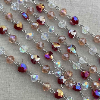 Delighted Heart Beaded Rosary Chain 8mm Crystal Rondelle Antique Silver Plated Per Foot