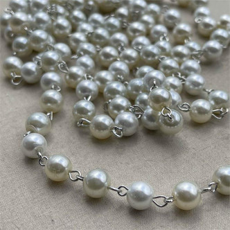 Classica Glass Pearl Beaded Rosary Chain 8mm Antique Silver Plated Per Foot