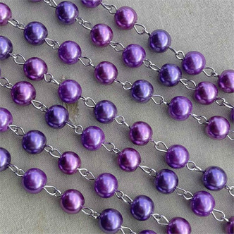 Valiant Violet Glass Pearl Beaded Rosary Chain 8mm Antique Silver Plated Per Foot