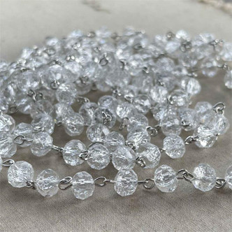 Crackled Beaded Rosary Chain 8mm Crystal Rondelle Antique Silver Plated Per Foot