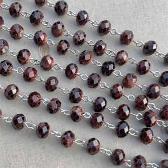 Espresso Beaded Rosary Chain 8mm Crystal Rondelle Silver Plated Per Ft