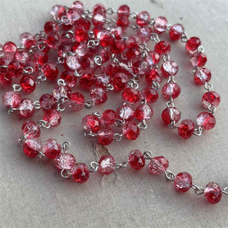 Strawberry Fizz Crackled Beaded Rosary Chain 8mm Crystal Rondelle Antique Silver Plated Per Foot