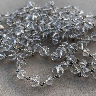 Crystalbright Clear Beaded Rosary Chain 8mm & 10mm Crystal Rondelle Silver Plated Per Foot
