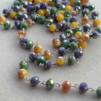 Jambalaya Purple Green Gold Beaded Rosary Chain 8mm Crystal Rondelle Antique Silver Plated Per Foot