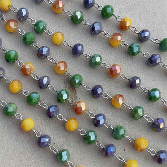 Jambalaya Purple Green Gold Beaded Rosary Chain 8mm Crystal Rondelle Antique Silver Plated Per Foot