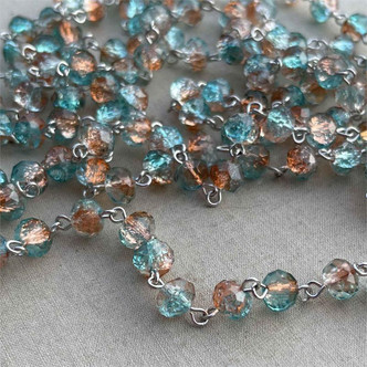 Calypso Crackled Beaded Rosary Chain 8mm Crystal Rondelle Antique Silver Plated Per Foot