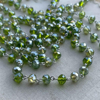 Olivine Beaded Rosary Chain 8mm Crystal Rondelle Antique Silver Plated Per Foot