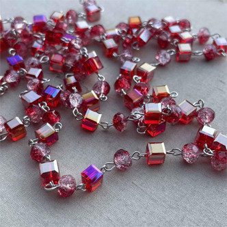 Strawberry Fizz CUBED Crackled Beaded Rosary Chain 8mm Crystal Rondelle Antique Silver Plated Per Foot