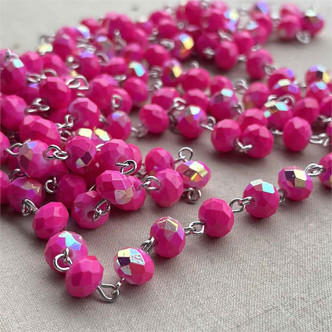 Barbara Hot Pink AB Beaded Rosary Chain 8mm Crystal Antique Silver Plated Per Foot
