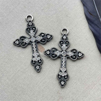 Clear Crystal Black Patina Rhinestone Filigree Cross Pendants 50x34mm 2Pcs