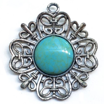 Antique Silver Plated Alloy 65x47mm Imitation Turquoise Flower Filigree Pendants Q2 per Pkg