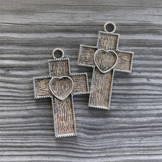 Heart Cross Cabochon Memory Tray Pendants 66x41mm Antique Silver Plated Alloy Q2 Per Pkg