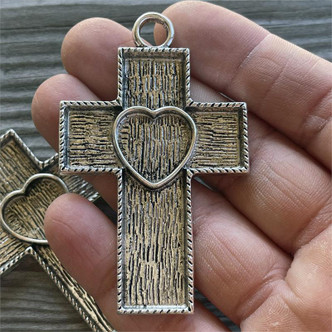 Heart Cross Cabochon Memory Tray Pendants 66x41mm Antique Silver Plated Alloy Q2 Per Pkg