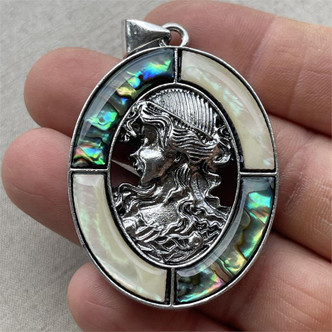 Cameo Shell Pendant Abalone Mother of Pearl Antique Silver Plated Focal Per Pc