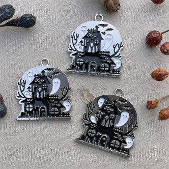 Ghost Mansion Haunted House Pendants Silver Plated Black White Enamel 32x29mm 3Pcs