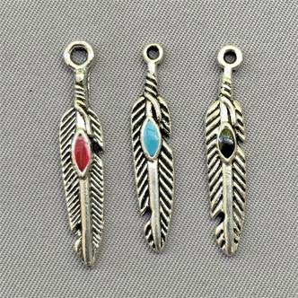 Enameled Feather Charms 27x5mm Antique Silver Plated Alloy Q6 per Pkg
