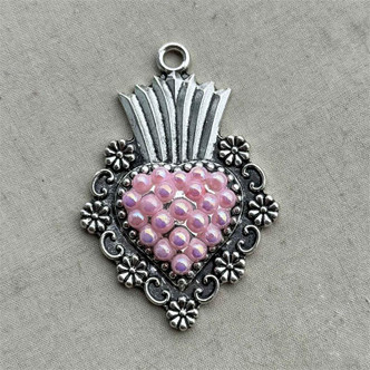 GLITZ Pink Bubble Art Deco Heart Antique Style Crown Artisan Pendant Per Pc