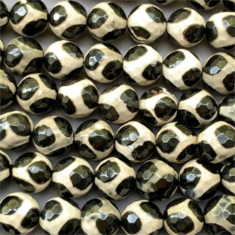 Black Cream Tibetan Dzi Agate 10mm Faceted Round Semi Precious Stone Beads Per Strand