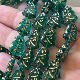 16x12mm Gilded Emerald Christmas Tree Czech Glass Beads Per Strand
