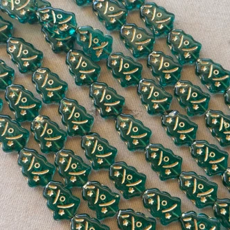 16x12mm Gilded Emerald Christmas Tree Czech Glass Beads Per Strand