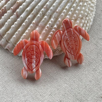 Dark Coral Spiny Oyster Shell Carved Sea Turtle Beads 20x16mm Per Pair