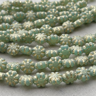 8mm Cactus Rose Etched Sage Gold Wash 12 Beads Per Strand