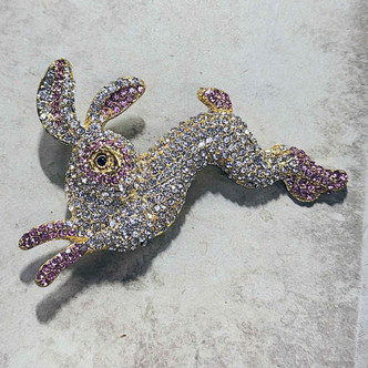 Spectacular Sparkling Rhinestone Rabbit Brooch Pin Clear Pink Gold 70x45mm Per Pc