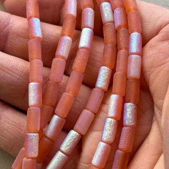 Tube 9x5mm Matte Oleander AB Czech Glass 16 Beads Per Strand