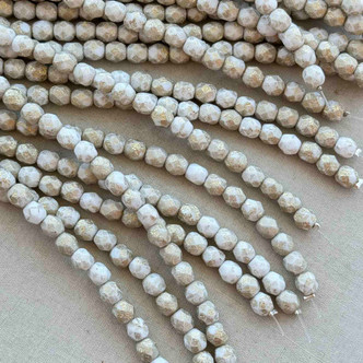 6mm Gilded Ivory Matte Etched Faceted Fire Polish Czech Glass Round 25 Beads Per Strand