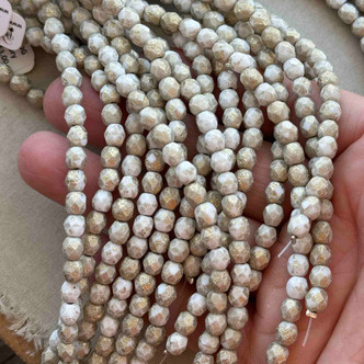 6mm Gilded Ivory Matte Etched Faceted Fire Polish Czech Glass Round 25 Beads Per Strand