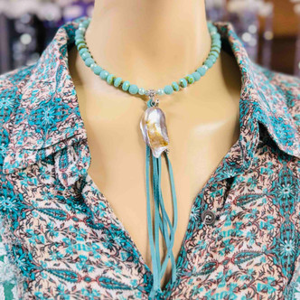 Turquoise Glass MOP Leather Tassel Choker Necklace Artisan Made 14" Per Pc