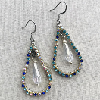 Glitz and Glamour Ocean Rhinestone Earrings Teardrop Artisan Made in the USA Per Pair