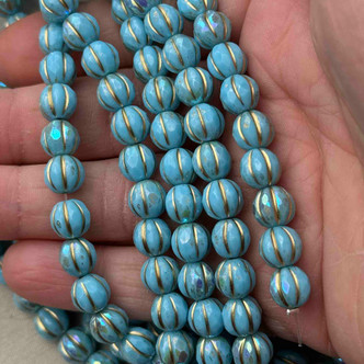 8mm Melon Czech Glass Round Gilded Robin's Egg Blue AB 20 Beads Per Strand