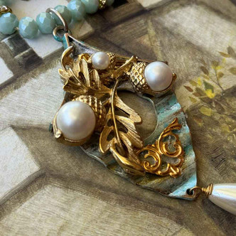 Birdhouse Vintage Inspired Pale Blue Gold Necklace Knotted Artisan Made 30" Per Pc