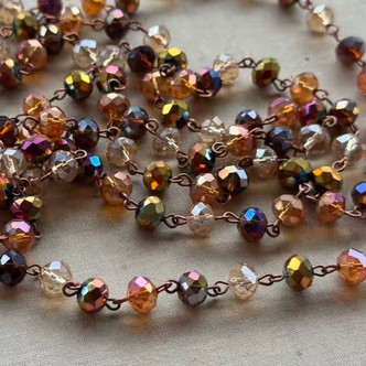 Essence of Autumn Beaded Rosary Chain 8mm Crystal Rondelle Antique Copper Plated Per Foot