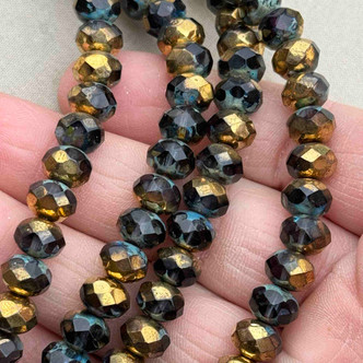 Czech Glass Rondelle Gilded Midnight 8x6mm Fire Polish 25 Glass Beads Per Strand